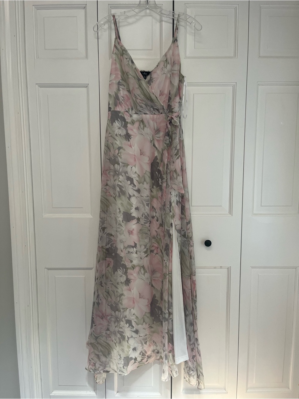 Lulus Floral Wrap Maxi Dress Women’s Medium Pink Green Wedding Guest
